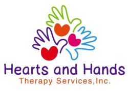 Hearts and Hands Therapy Services, Inc. logo with three multi-colored hands together with red hearts on the palms over the agency's name